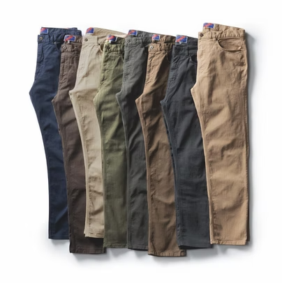 Eight pairs of men's casual pants in various earth-tone colors: navy, brown, tan, olive, gray, and beige.