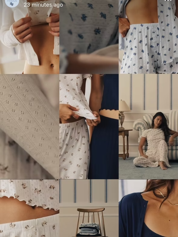 Nine-panel image: floral pajama set on display. People wearing or holding set, details of fabric. White and blue.