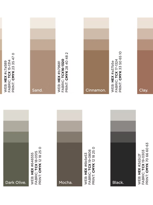 Color palette with shades of sand, cinnamon, clay, dark olive, mocha, and black.