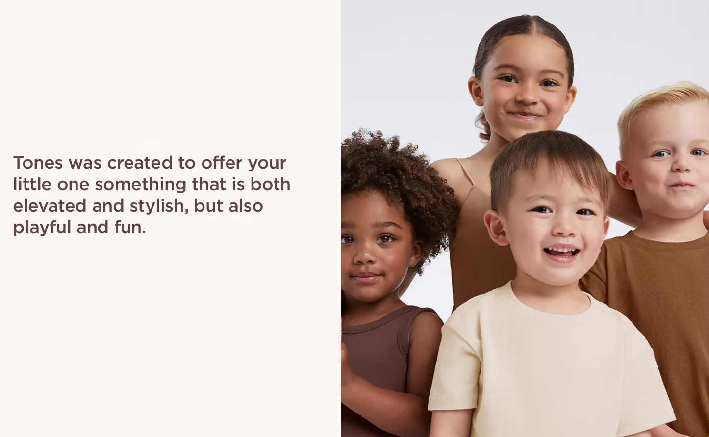Group of smiling children wearing neutral-toned clothes, with text describing the brand's style.