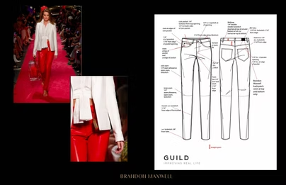 Red pants and white jacket fashion illustration with runway model photo inset.