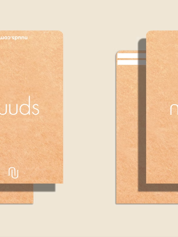 Two light brown rectangular cards with white text and a logo on a light background.