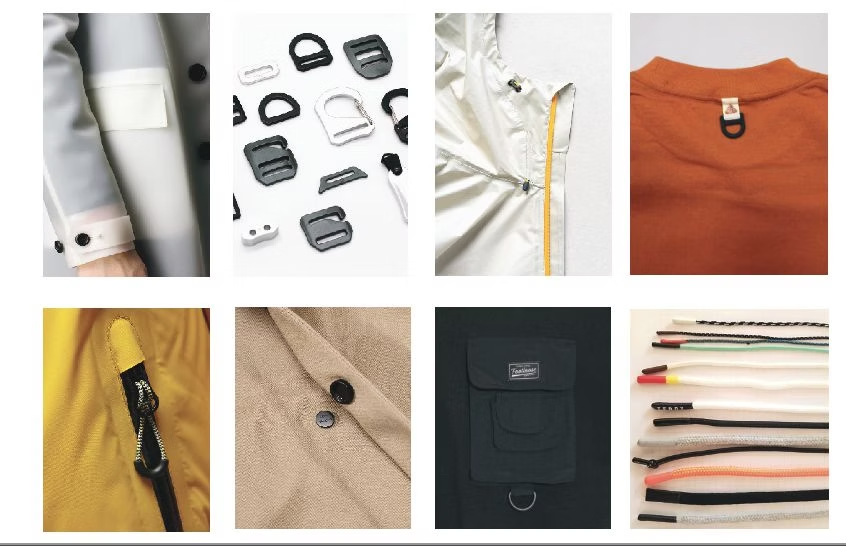 Assortment of clothing hardware: buckles, drawstrings, toggles, buttons, and a zipper.
