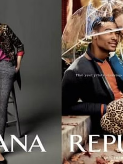 Fashion collage of two people in stylish outfits with umbrellas, against a gray studio background.