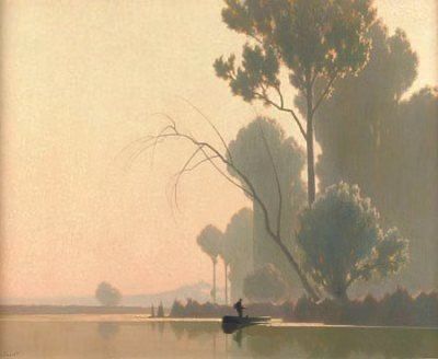 A person fishes from a boat on a calm lake at dawn. Trees stand in soft light; peach and gray tones.