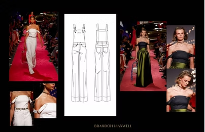 Fashion design board with runway photos and technical drawings of overalls.