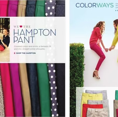 Advertisements for colorful pants. One shows a woman.