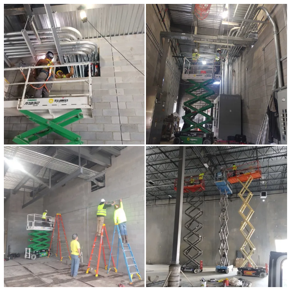 Four photos of construction workers installing electrical conduits in a large, unfinished building. Scissor lifts and ladders are used.