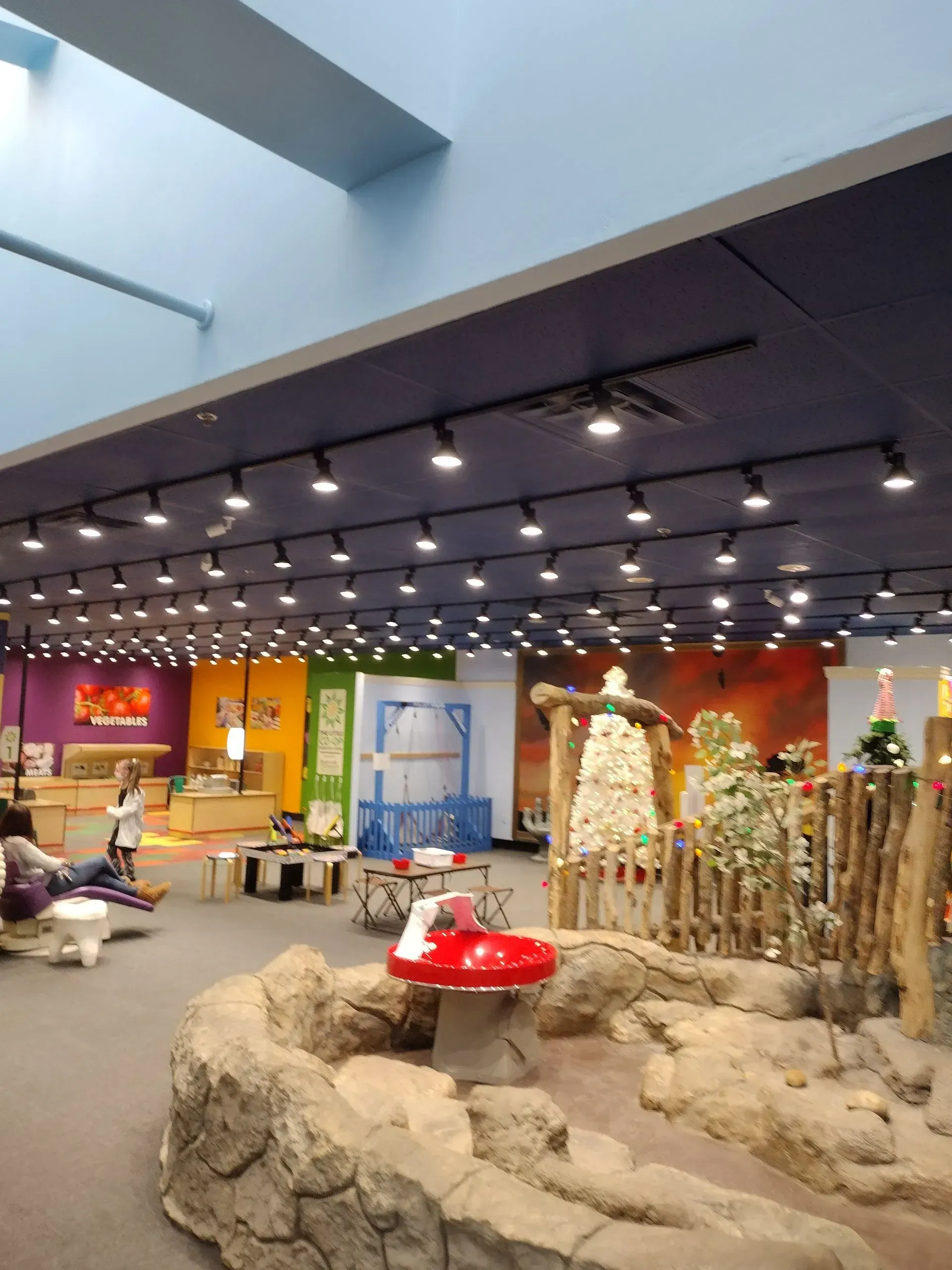 Children's play area: colorful walls, artificial rock feature, wooden fence, many lights, and children playing.