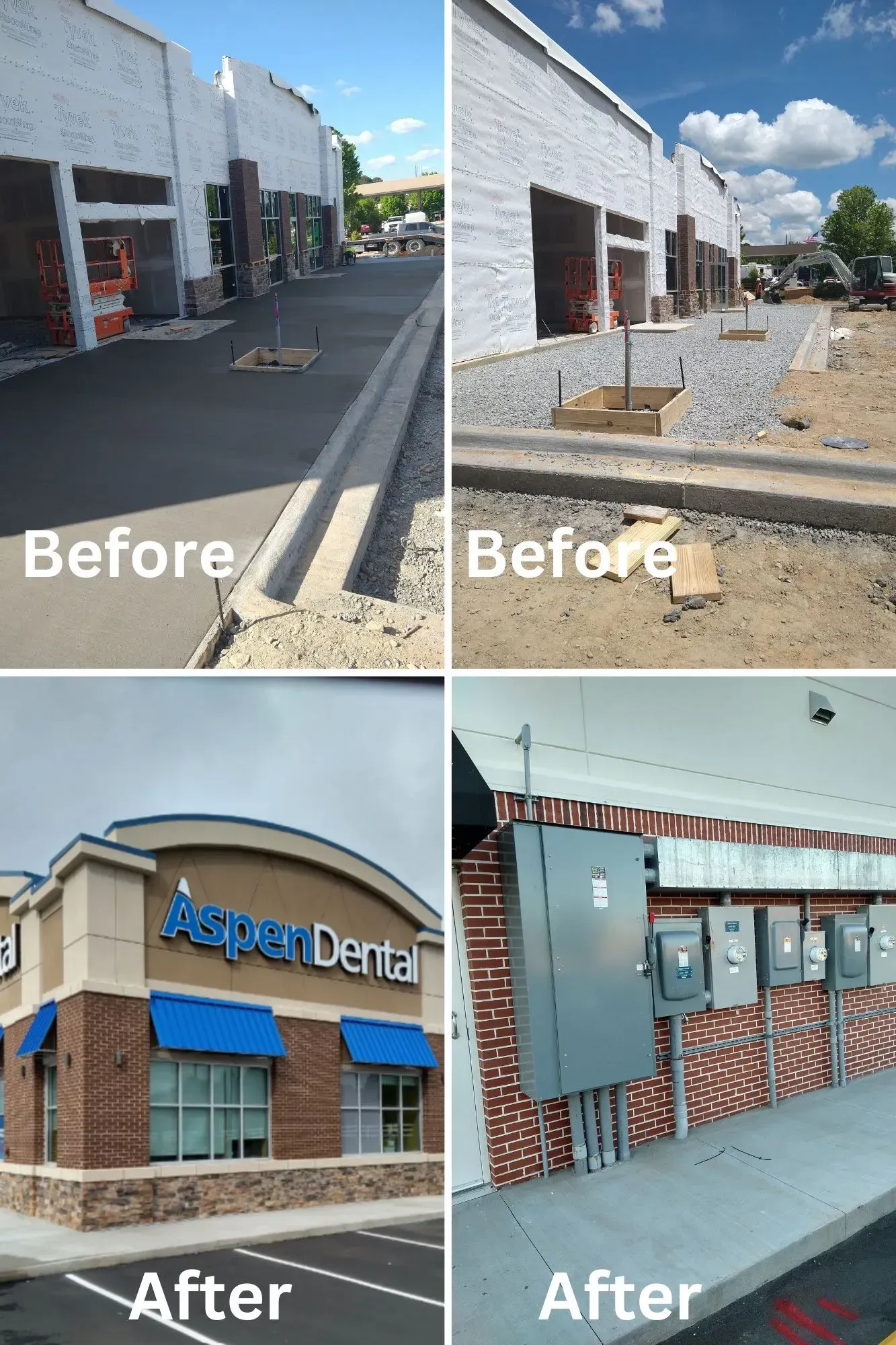 Construction photos: Retail building before and after renovation. White facade, brick accents, paved parking.