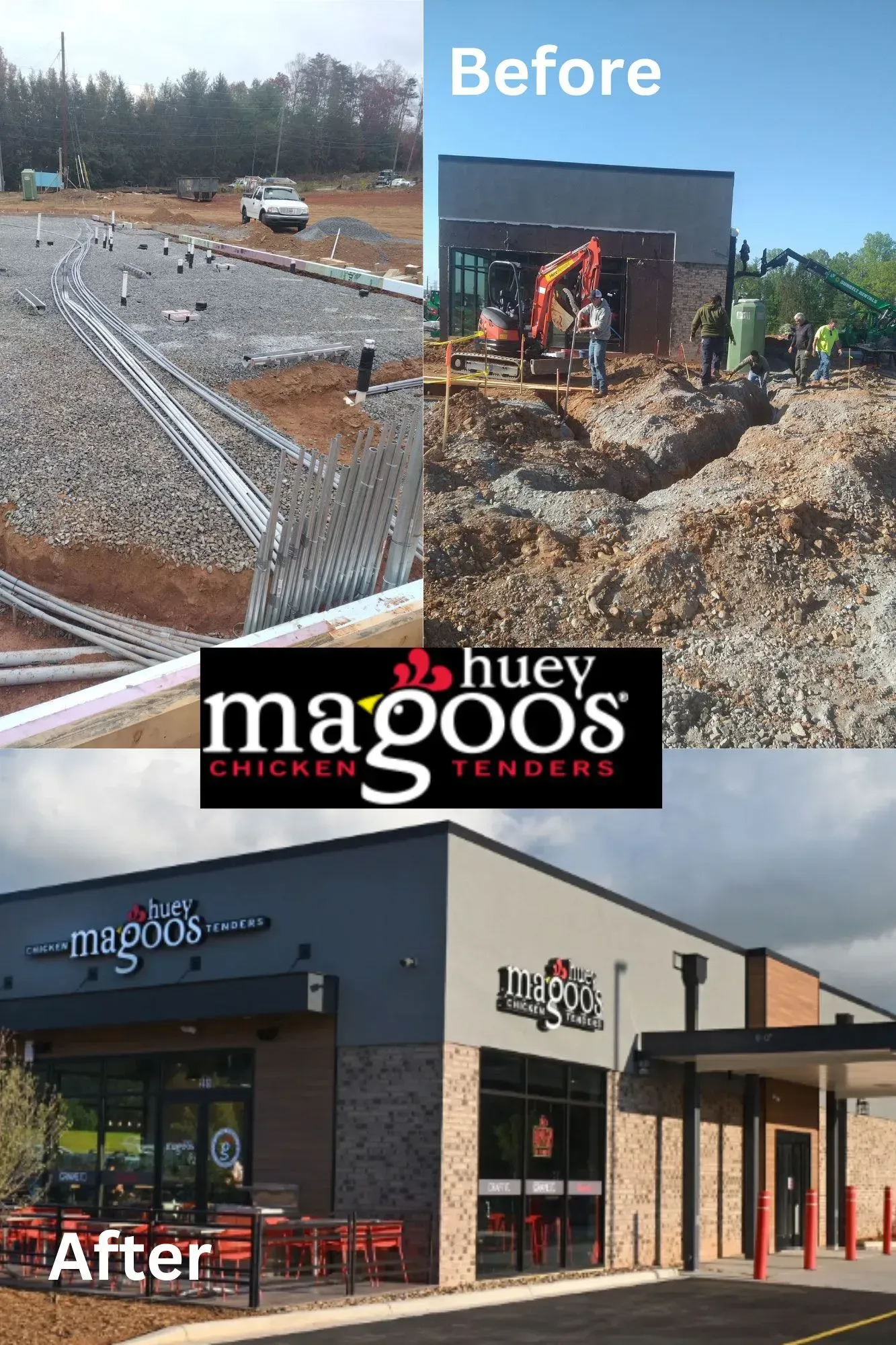 Before-and-after of a Huey Magoo's restaurant construction: from ground prep to completed building.