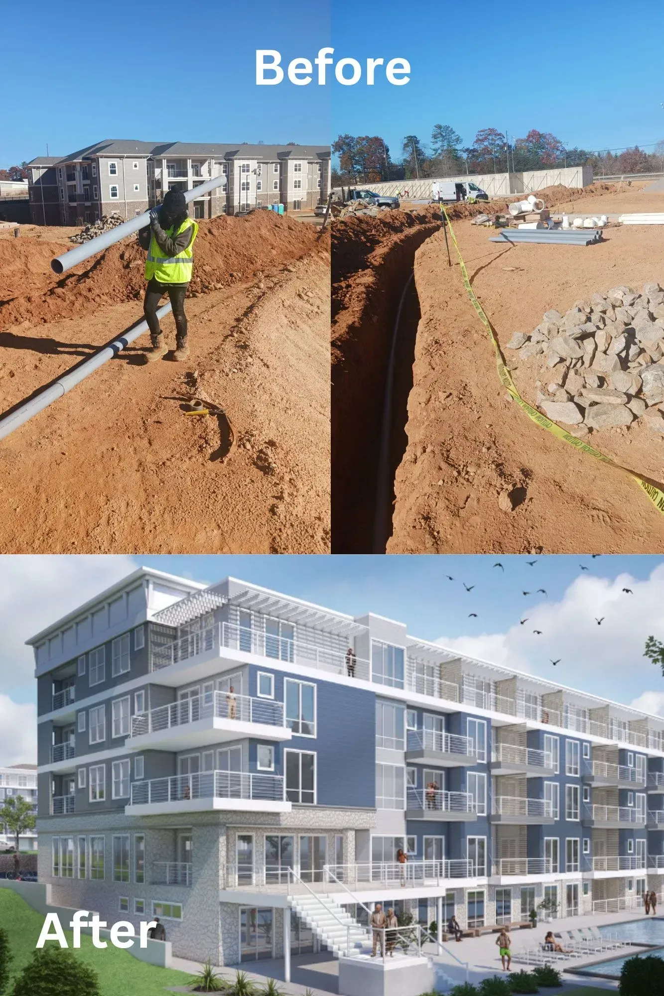 Construction site before and after: Excavation for pipes transformed into modern apartment building.