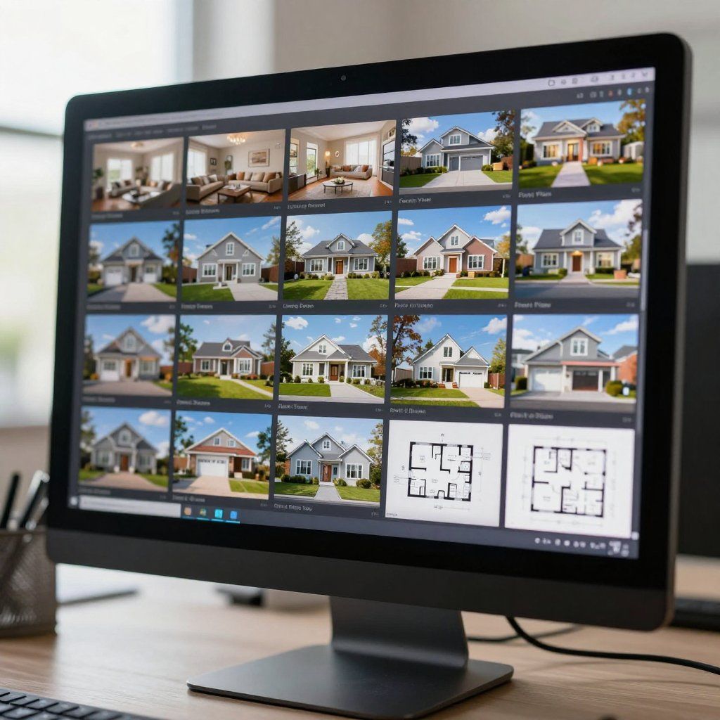Computer monitor displaying a grid of house photos and floor plans, set on a desk.