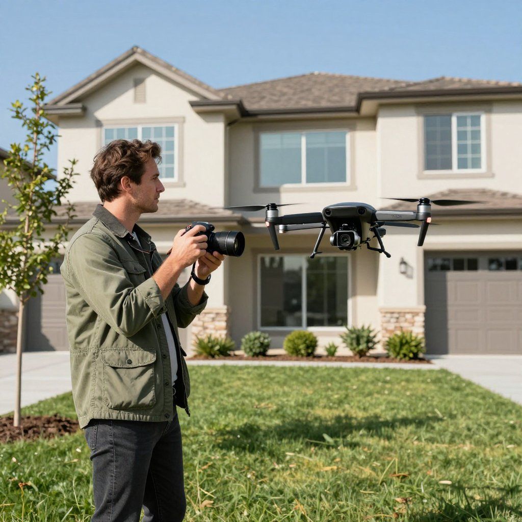 Man operating a drone with a camera in front of a two-story house with a green lawn.
