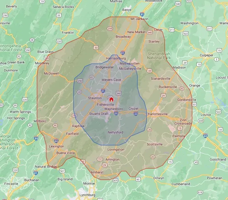 A map of a city with a circle around it.
