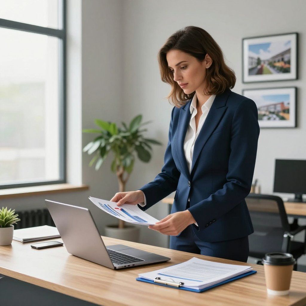 Woman in a navy suit examining a document at a desk with a laptop, office setting.
