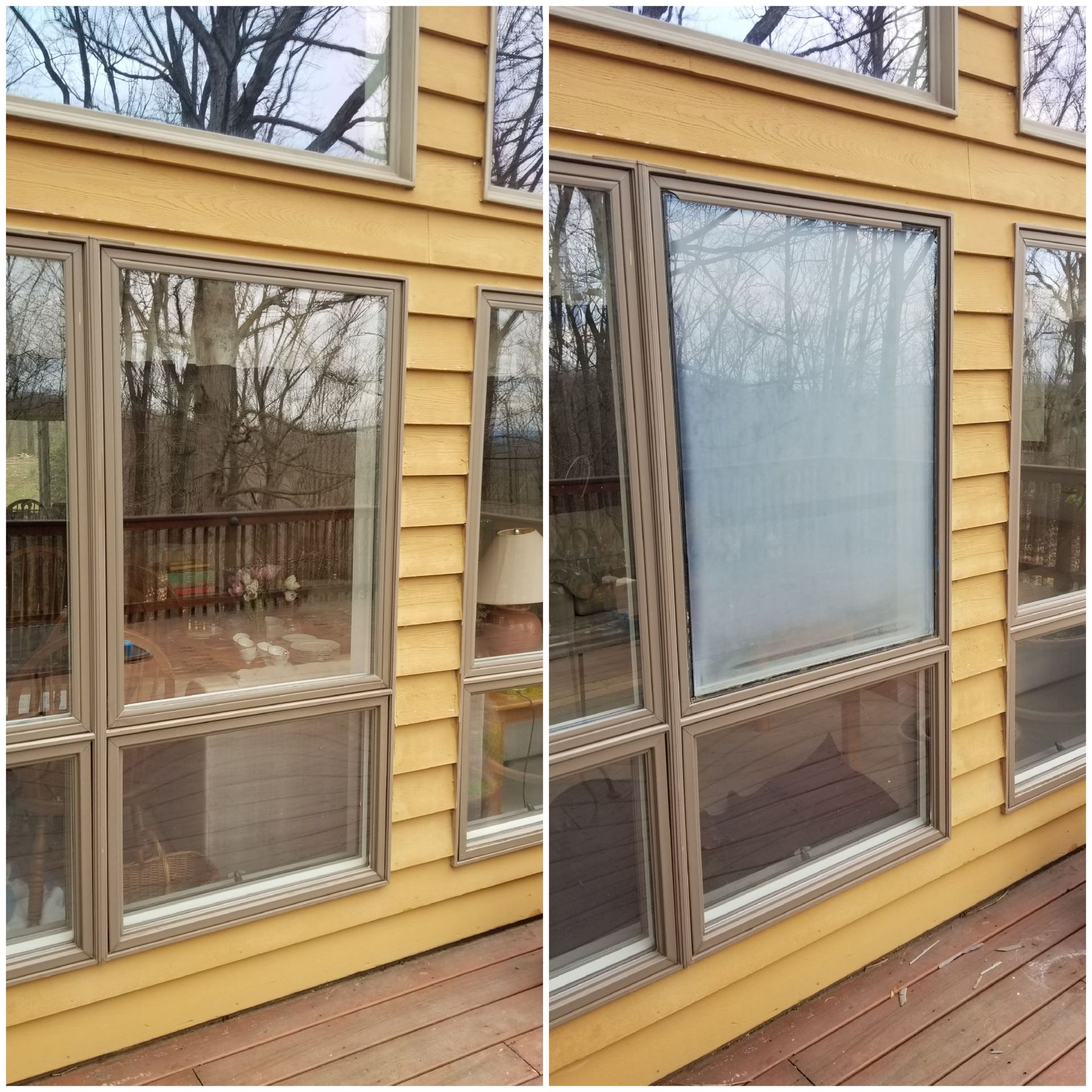 A before and after picture of a house with a lot of windows.