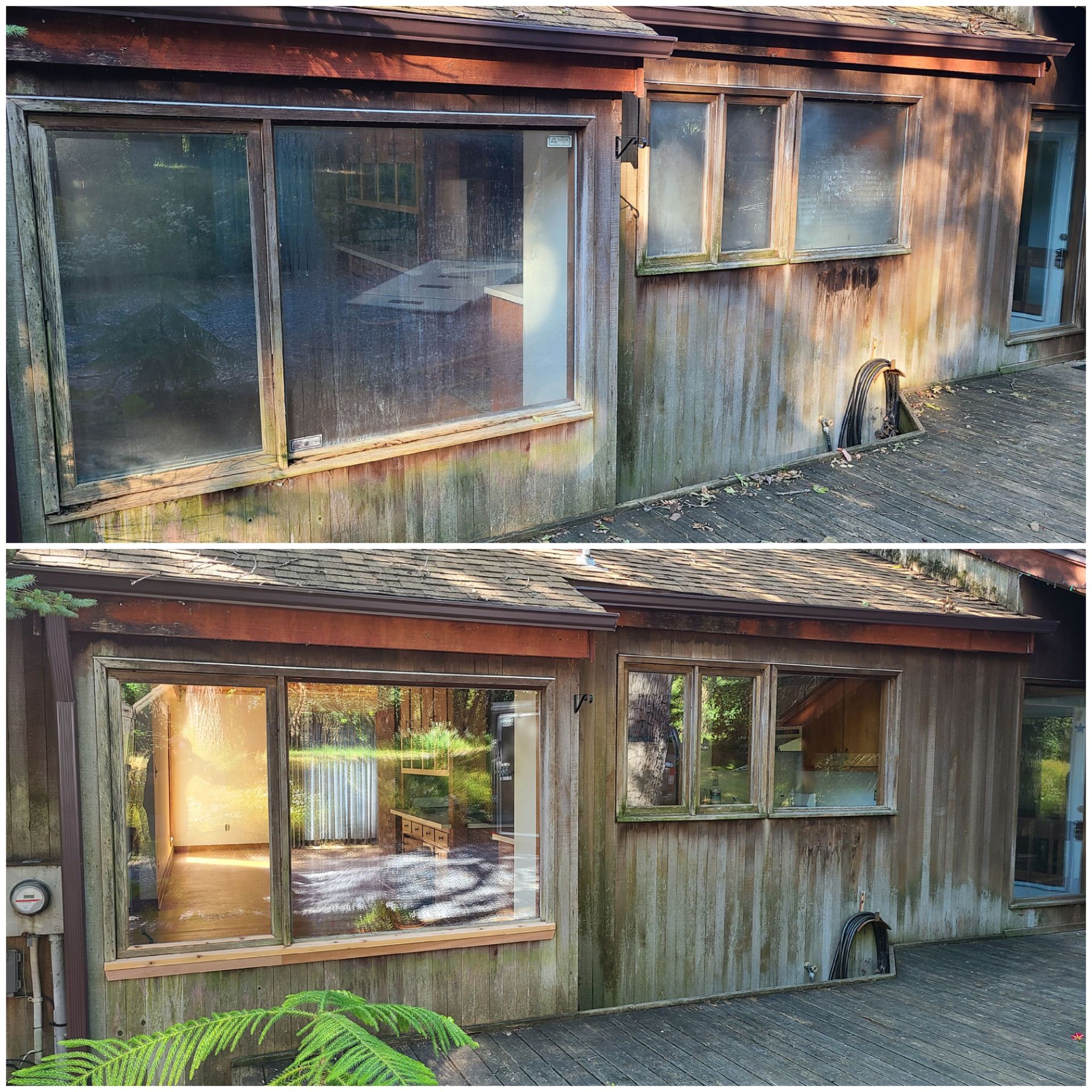 A before and after photo of a wooden house