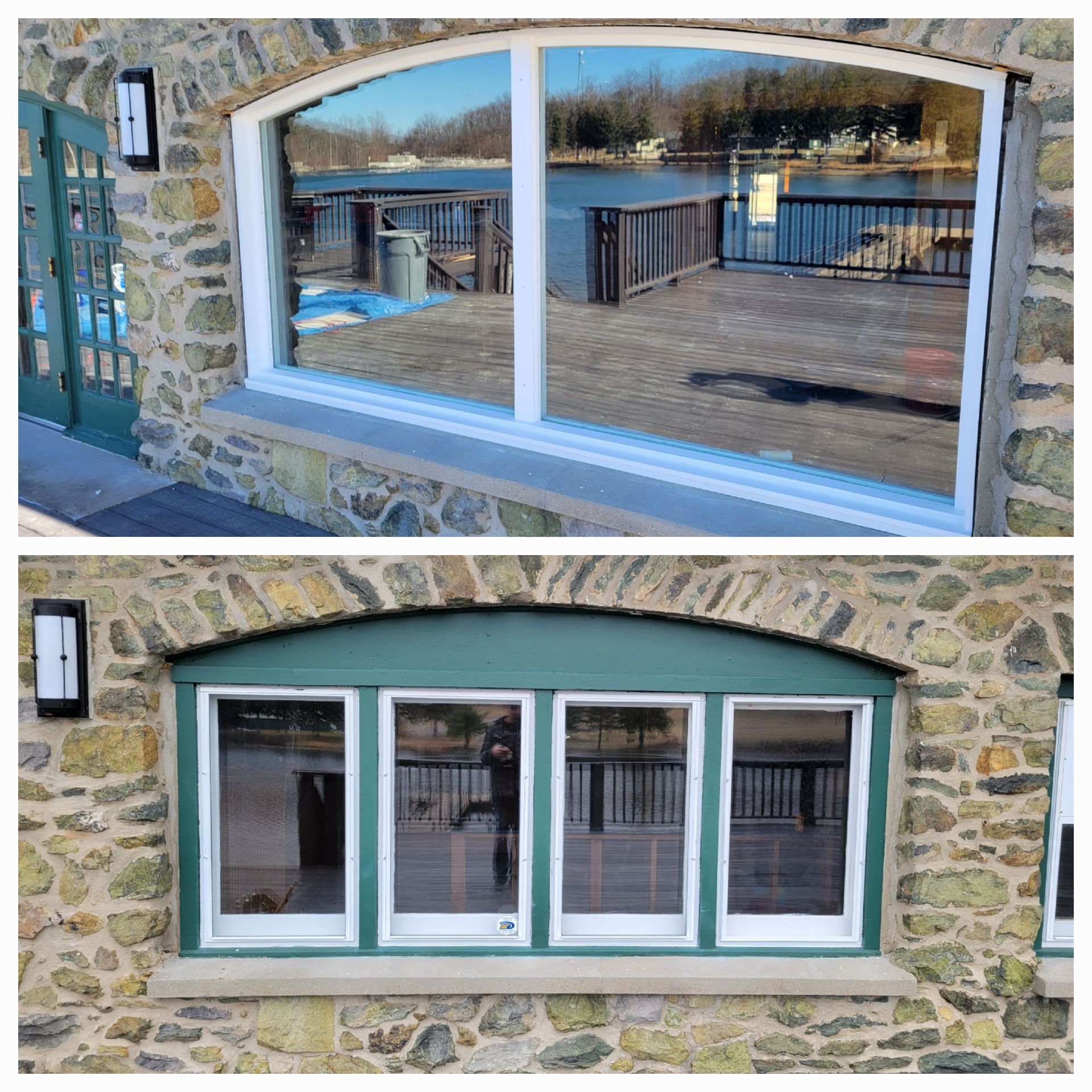 A before and after picture of a window on a stone building.