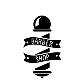 a barber shop logo with a barber pole and a ribbon .