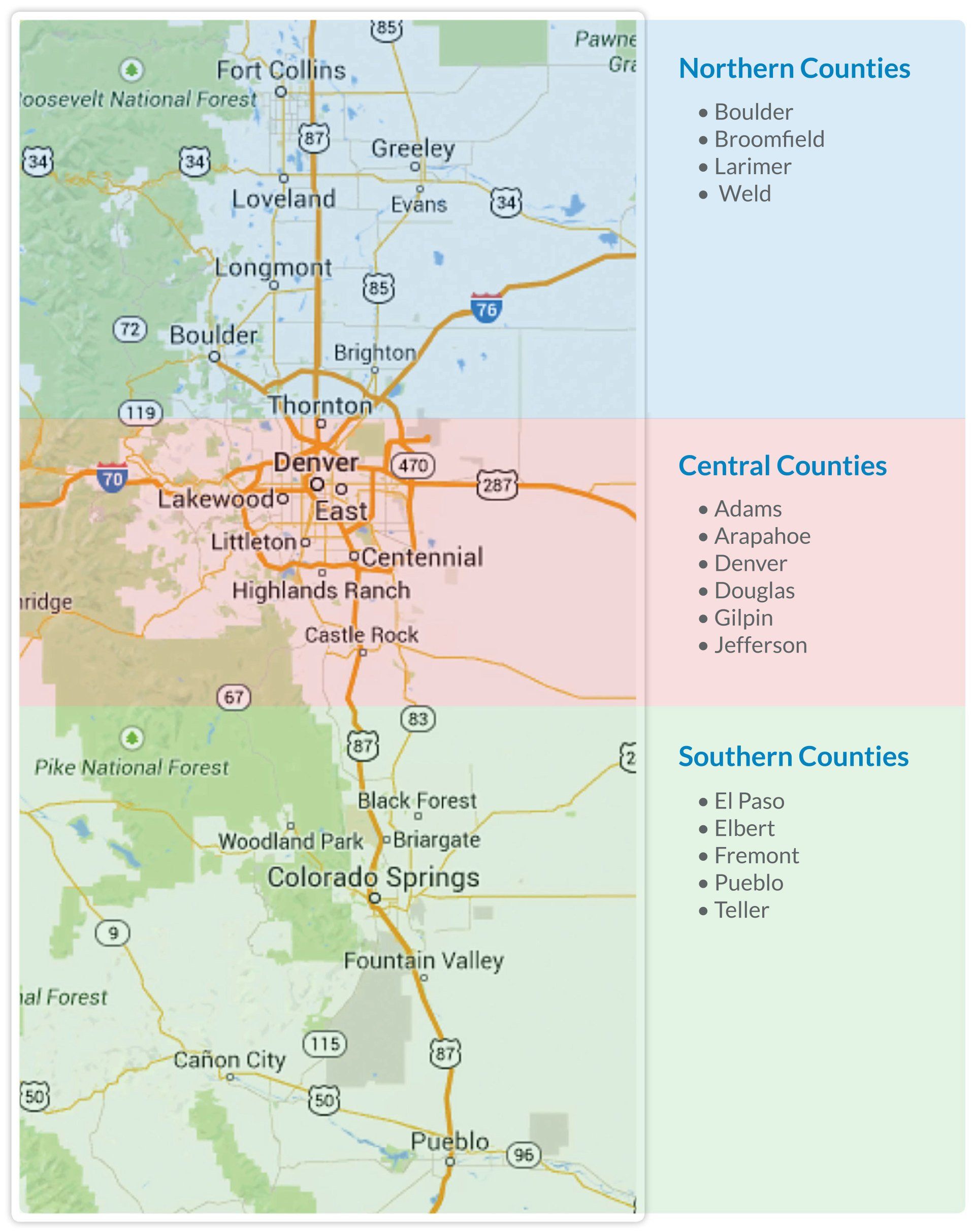 A map of Colorado broken down into three shaded areas (northern, central and southern counties) indicating the service area for Optimal Home Care