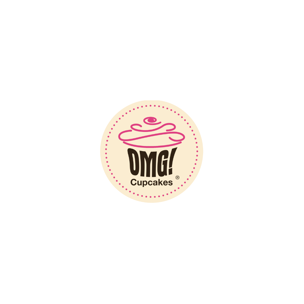 A logo for omg cupcakes with a cupcake on it
