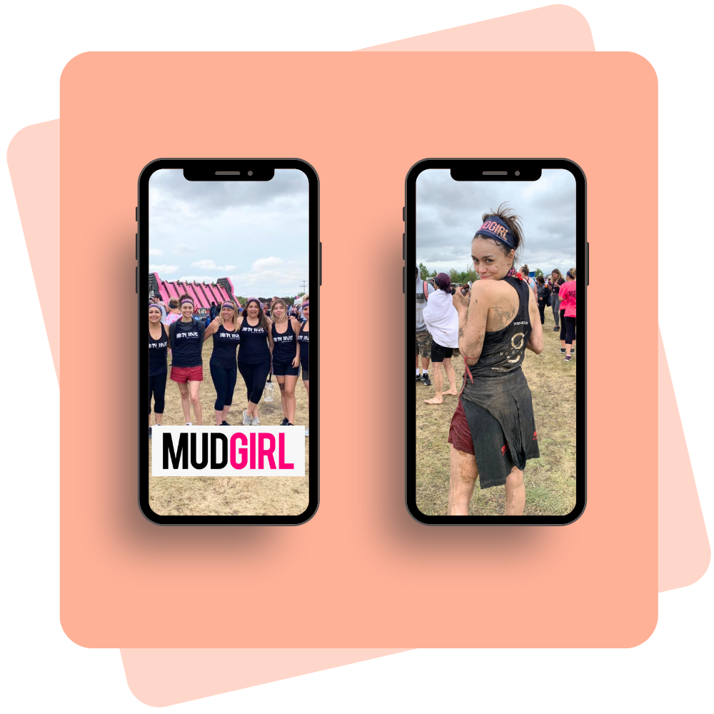 Two phones are displaying pictures of a woman in a mud run.