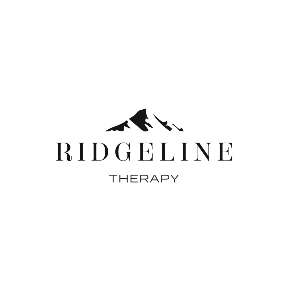 A black and white logo for ridgeline therapy with a mountain in the background.