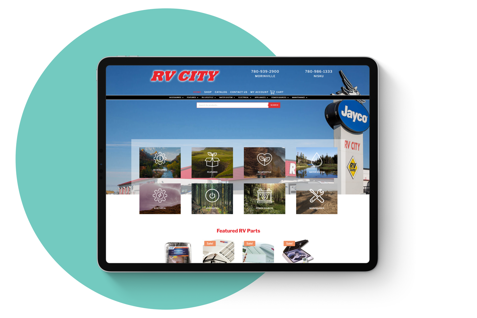 A tablet is displaying a website for rv city.