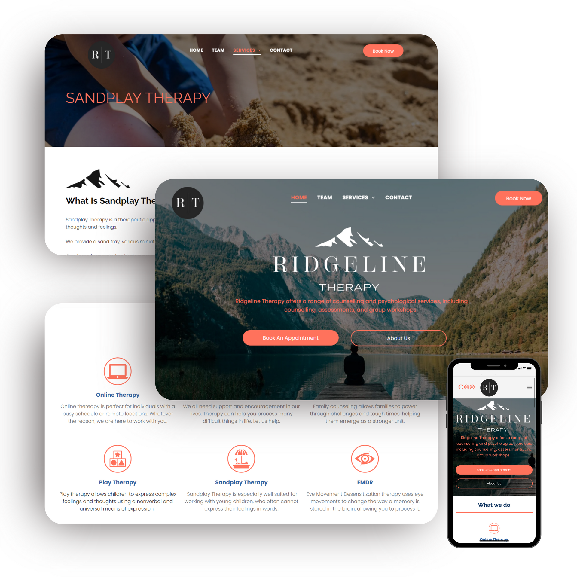 A website for ridgeline therapy is displayed on a tablet and phone