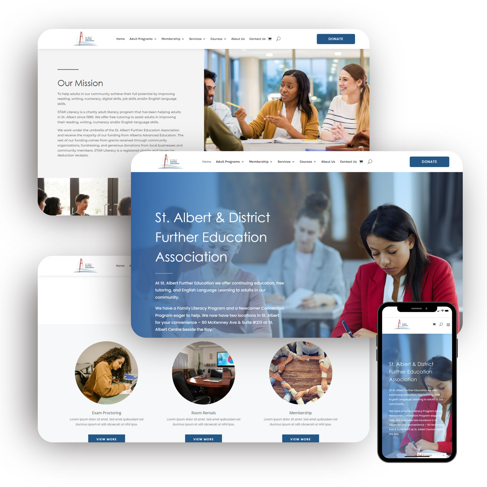 A screenshot of a website for st. albert & district further education association.