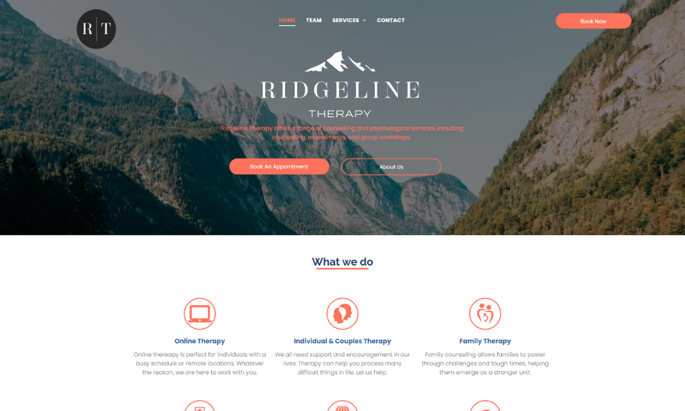 A website for ridgeline therapy with a mountain in the background.