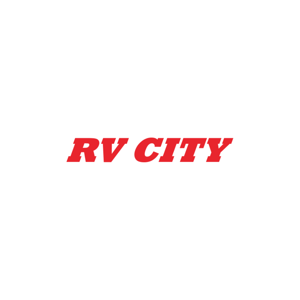 The logo for rv city is red on a white background.