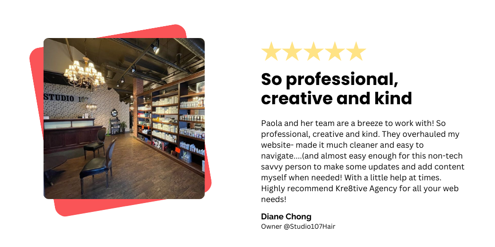 A picture of a store with a review that says `` so professional , creative and kind ''.