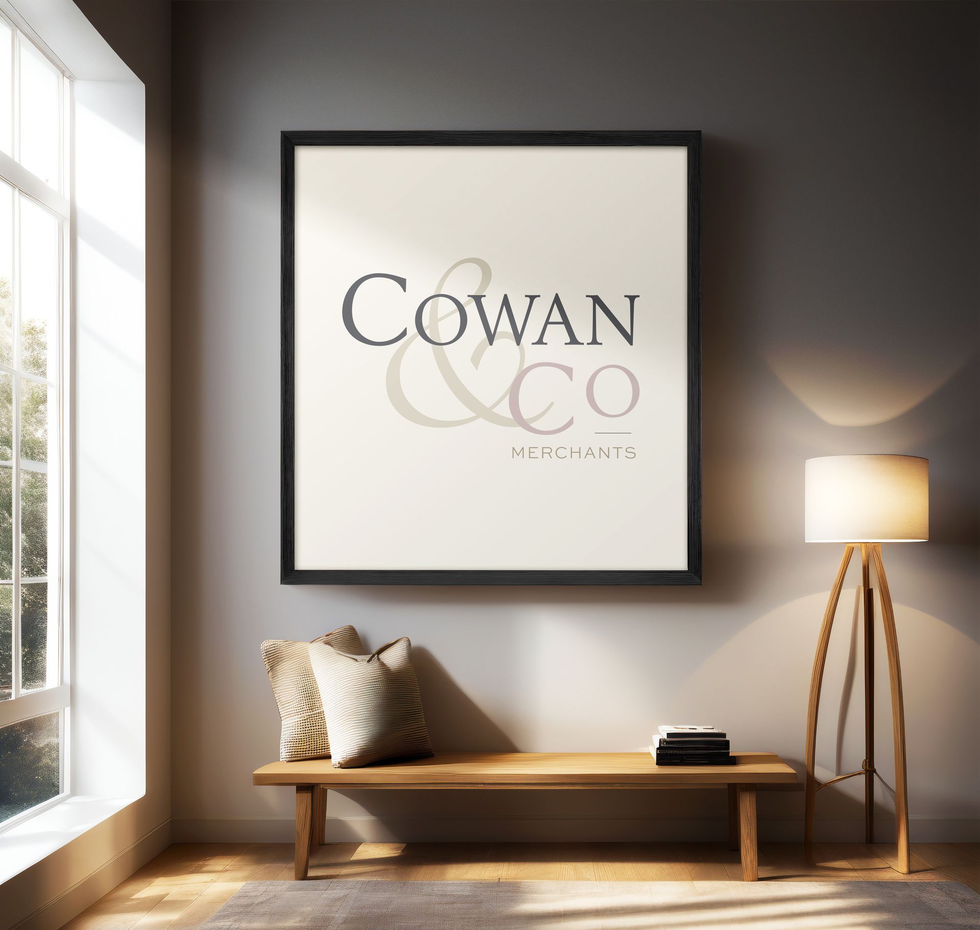 A cowan & co. poster hangs on a wall above a wooden bench