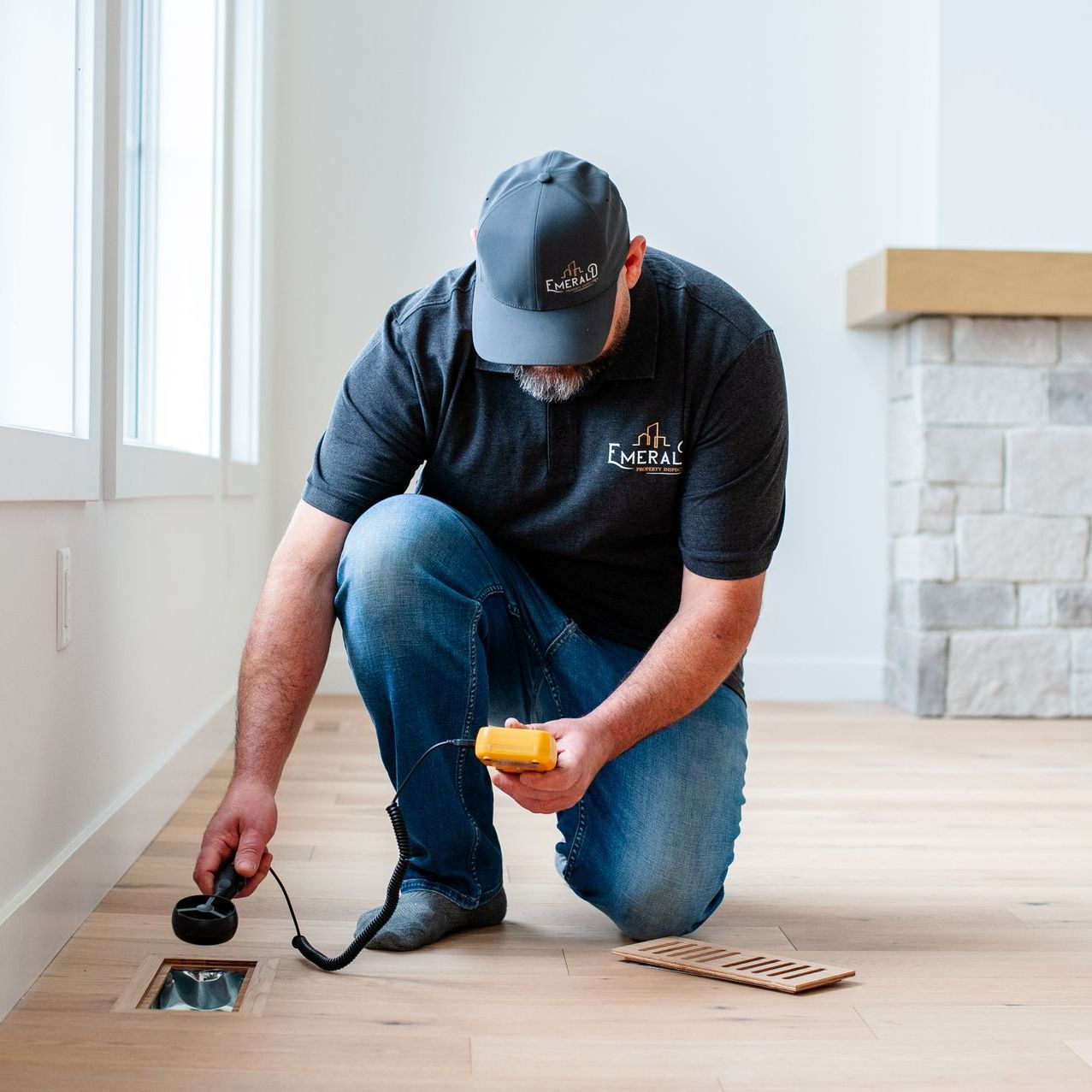 A man is kneeling down on the floor holding a yellow object.