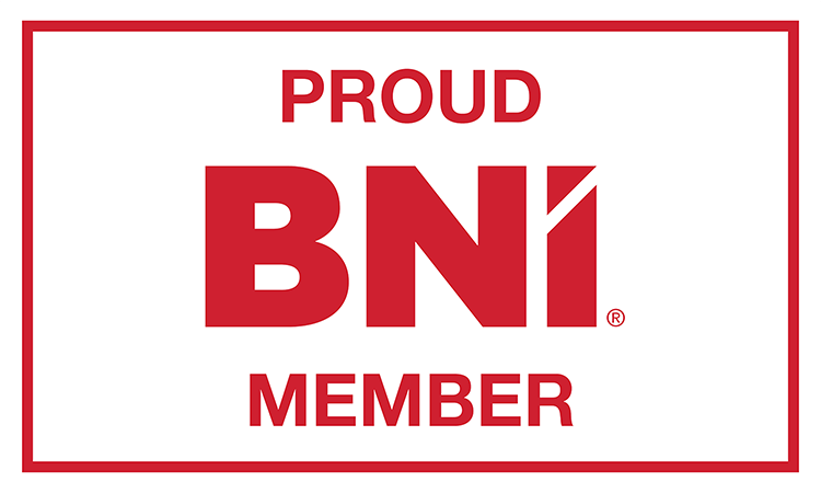 The bni logo is red and white and says proud bni member.