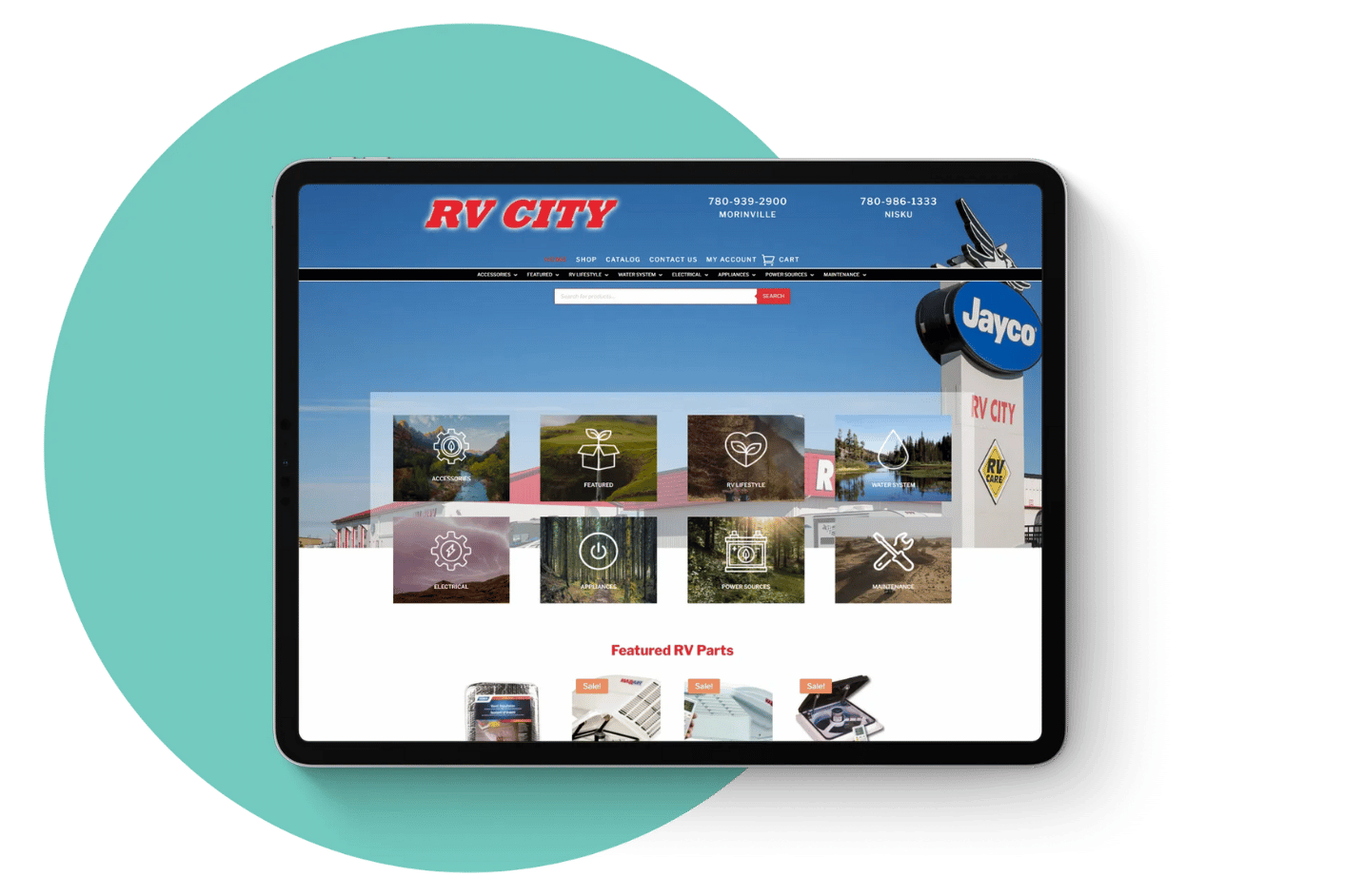 A tablet is displaying a website for rv city.