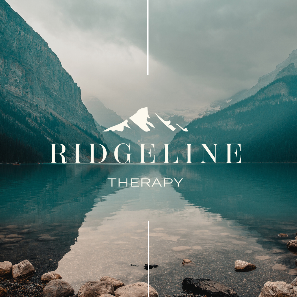 A logo for ridgeline therapy with a lake and mountains in the background