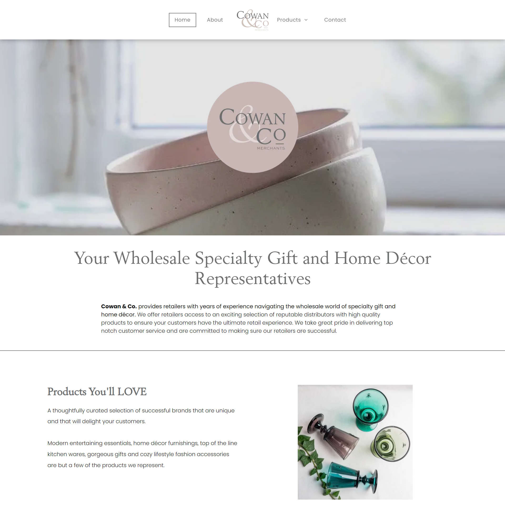 A screenshot of a website for a wholesale specialty gift and home decor company.