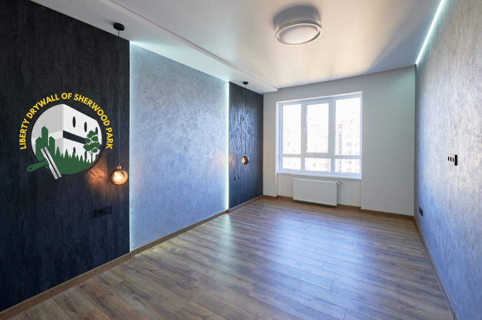 Sheetrock installation after photo showing a fully finished modern room with smooth painted walls, ceiling lights, LED accent strips, a large bright window, and new wood flooring in Sherwood Park, Alberta.