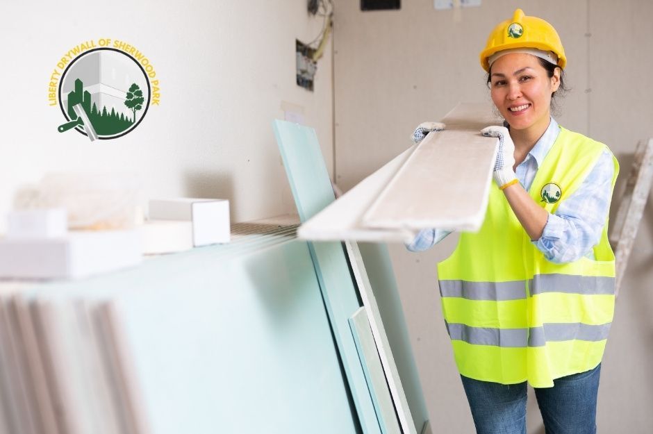 A smiling female drywall contractor wearing a yellow hard hat and high-visibility safety vest carries a long white plank. She holds the material with protective gloves while standing near stacks of gypsum board sheets at a residential construction site in Sherwood Park, Alberta, Canada.