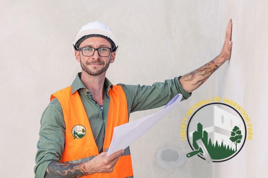 A drywall repair contractor wearing an orange safety vest and white hard hat gestures with raised hand against a white wall at a residential construction site. The professional has visible tattoos and wears glasses while inspecting the drywall work near Lockhart Dr, and Larose Dr, St. Albert, AB.