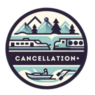 A logo for cancellation with mountains trees and a boat