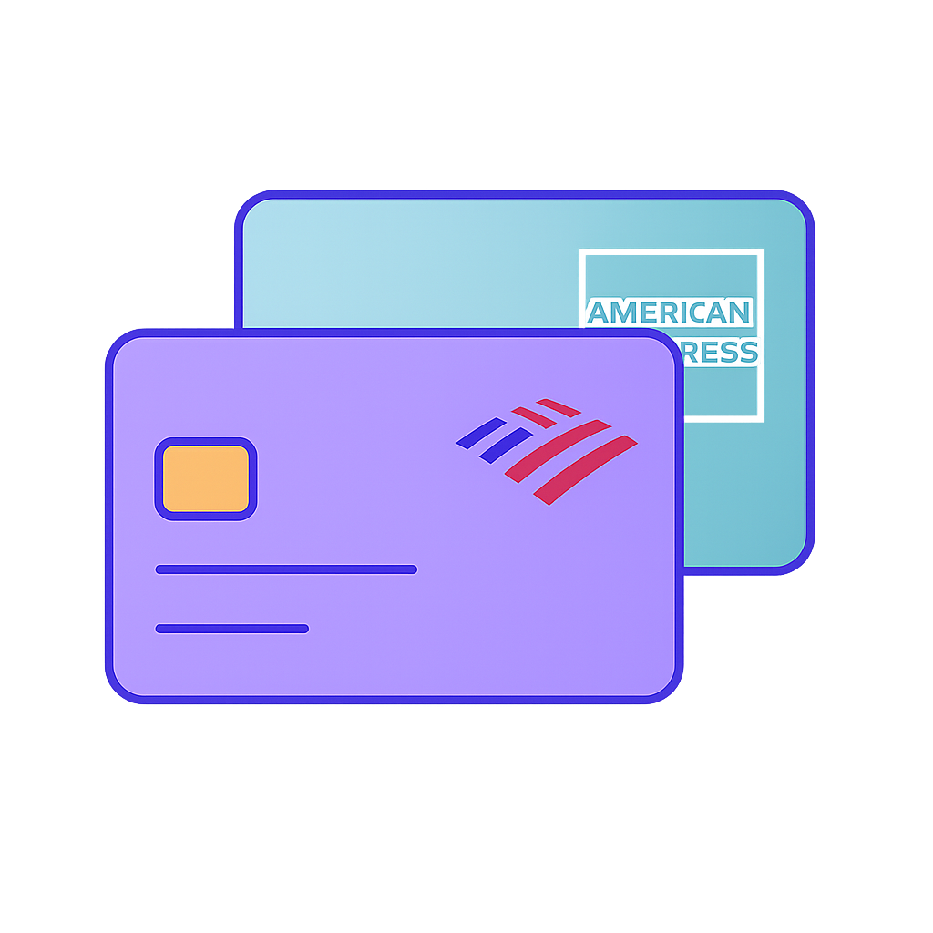 Two credit cards , one purple and one blue , are stacked on top of each other.