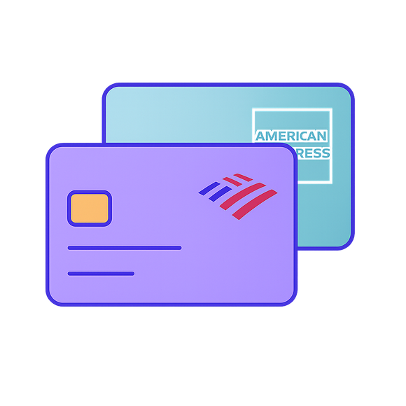 Two credit cards , one purple and one blue , are stacked on top of each other.