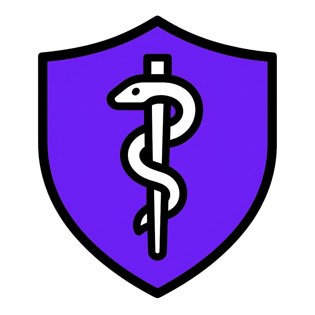 A purple shield with a medical symbol on it.