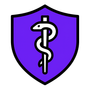 A purple shield with a medical symbol on it.