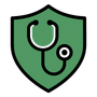 A green shield with a stethoscope inside of it.