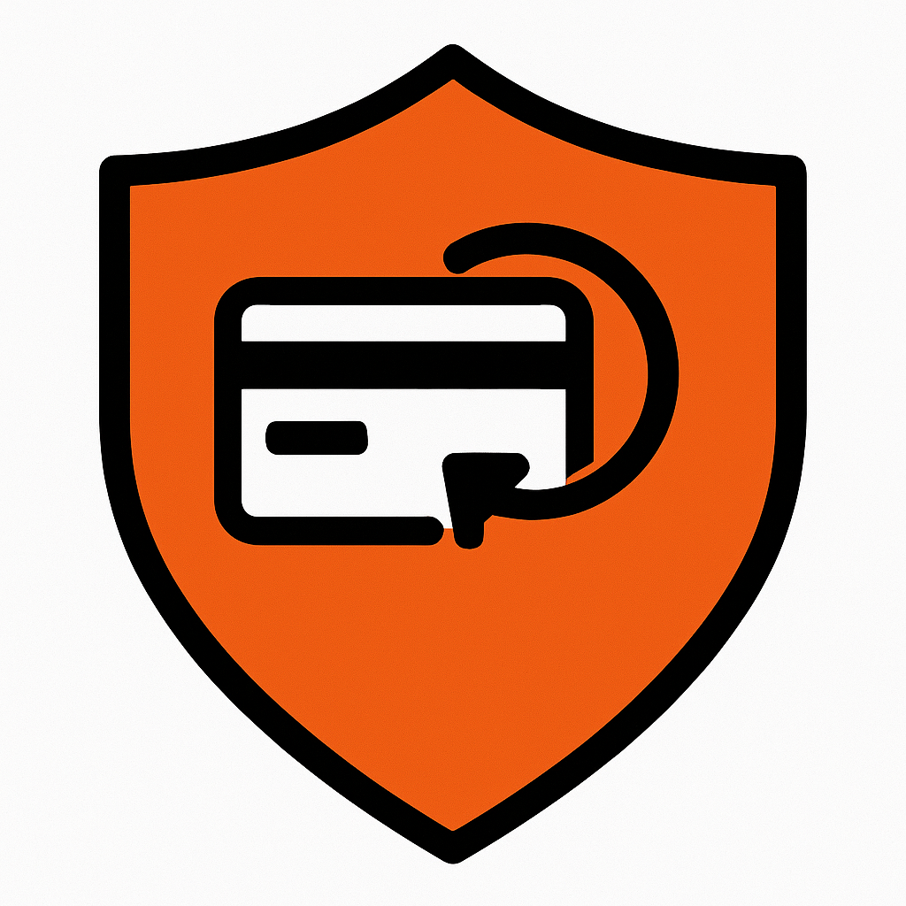 An orange shield with a credit card on it.